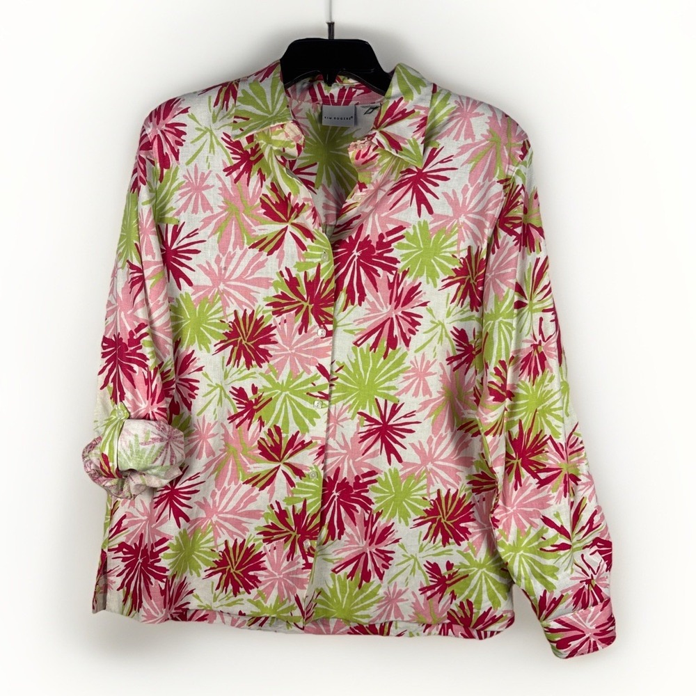 Kim Rogers Women's Floral Linen Shirt Size Petite Large Roll Tab Sleeve